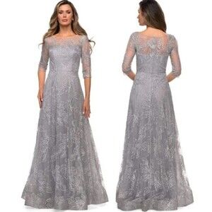 La Femme NWT Silver Floral Quarter Sleeve Sequined Lace A-Line Dress Womens 18